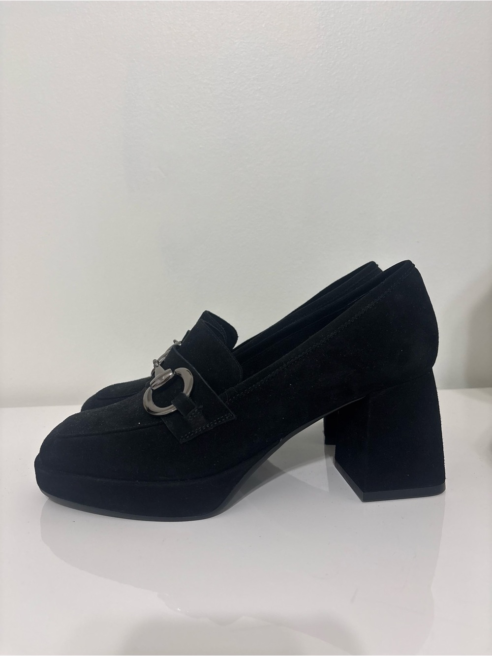 Vaneli Black Suede Block Heel Loafers with Silver Ring Accent